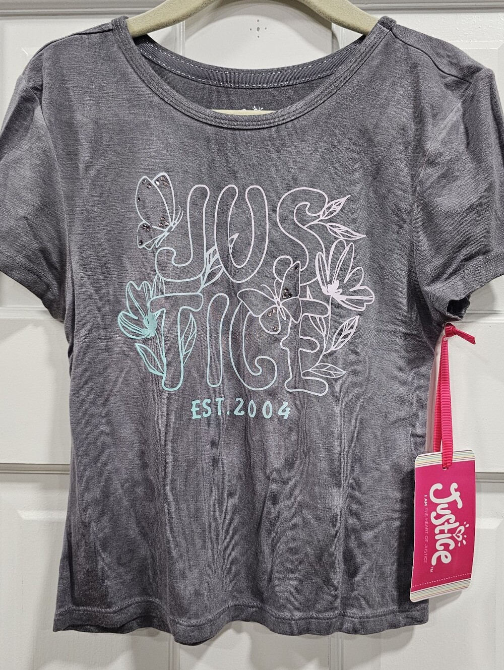 Justice Girls Graphic Tee Shirt Dark Heather Gray Butterfly Floral XS 5/6 NWT